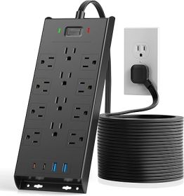Surge Protector Power Strip 4800J, LeZone 10Ft Long Extension Cord Flat Plug, 12 Outlets 2 USB C 2 USB Ports, Wall Mountable