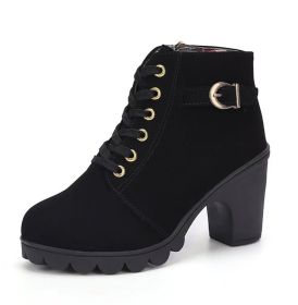 Fashoin Leopard Print Ankle Square Heel Suede Lace-up Zip Boots Women Casual Versatile Shoes Autumn And Winter (Option: Black-38)