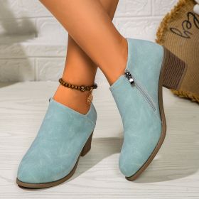 Chunky Heel Round Toe Ankle Boots With Side Zipper Design Fashion Fall Winter Short Boots For Women Shoes (Option: Blue-43.)