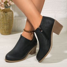 Chunky Heel Round Toe Ankle Boots With Side Zipper Design Fashion Fall Winter Short Boots For Women Shoes (Option: Black-39.)