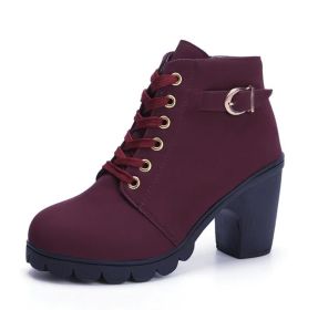 Fashoin Leopard Print Ankle Square Heel Suede Lace-up Zip Boots Women Casual Versatile Shoes Autumn And Winter (Option: Wine Red-39)
